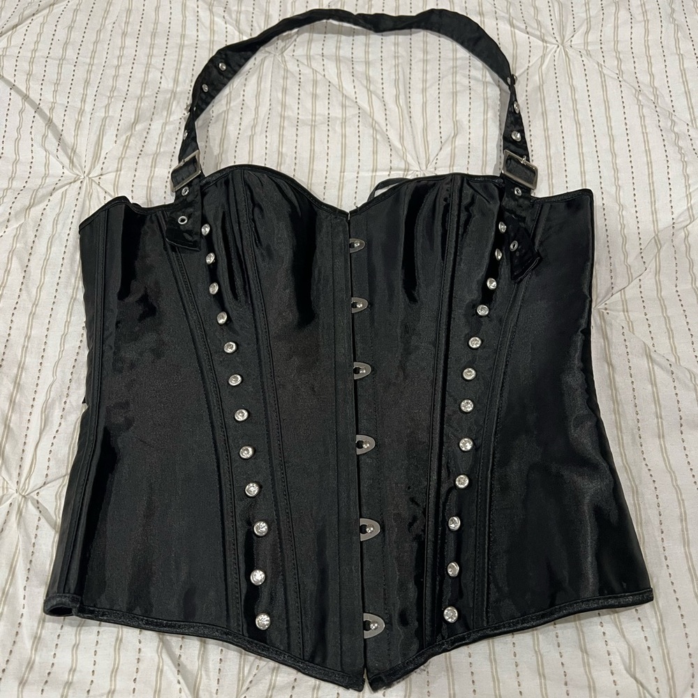 Black Satin Studded Corset Halter Bodysuit
